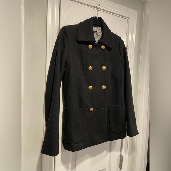 J. Crew Black Double Breasted Wool Blend Gold Button Pea Coat Lined Size 4 - Picture 2 of 12